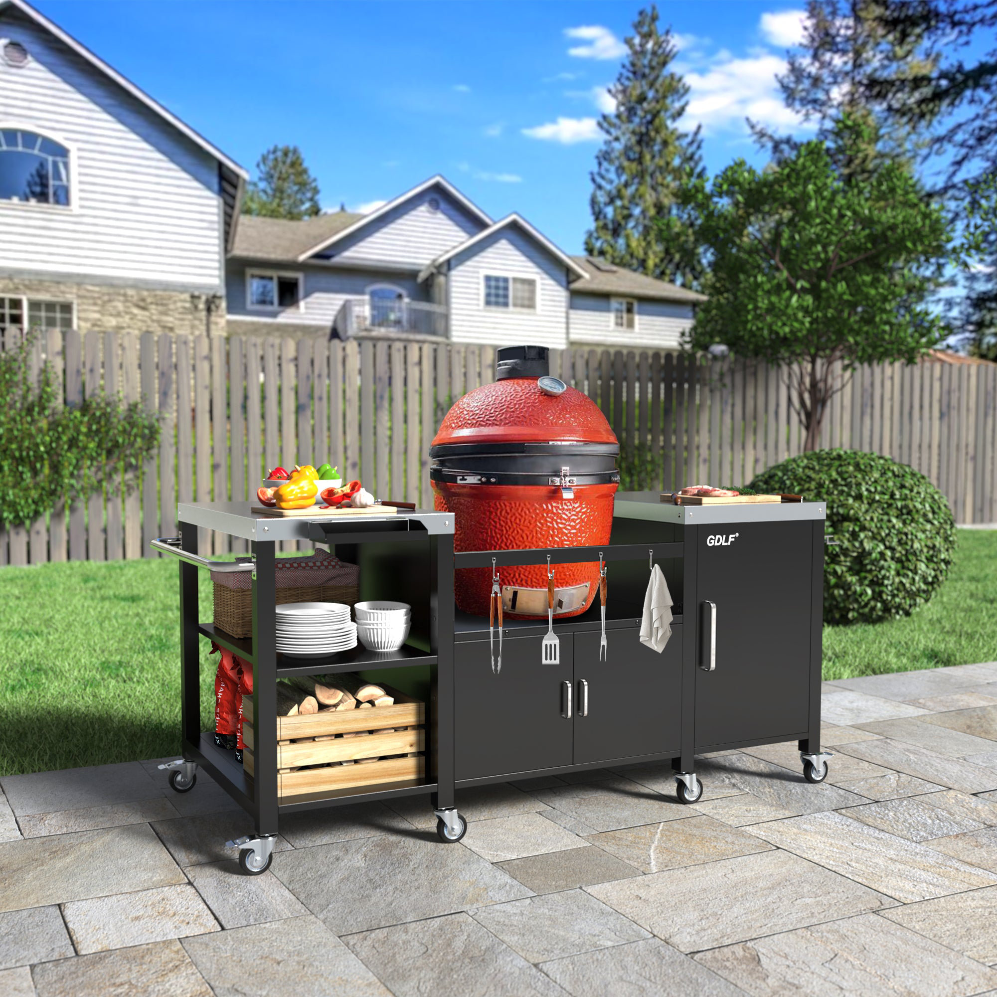 GDLF Outdoor Grill Table for Big Green Egg, Metal Grill Cart